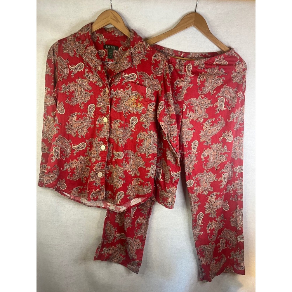 Lauren Ralph Lauren Pajama Sleep Set Cotton Red Paisley Sz S - Picture 2 of 13